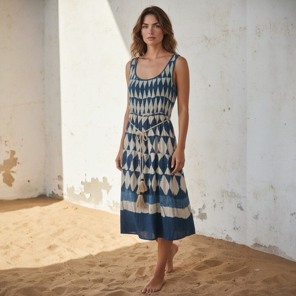 Anthropologie Maeve Shibori Smocked Midi Dress Tassel Belt Size 6
